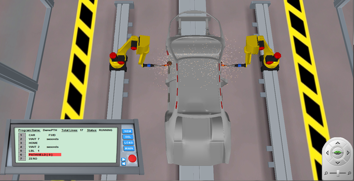 Robotics software simulates welding on an automobile. 