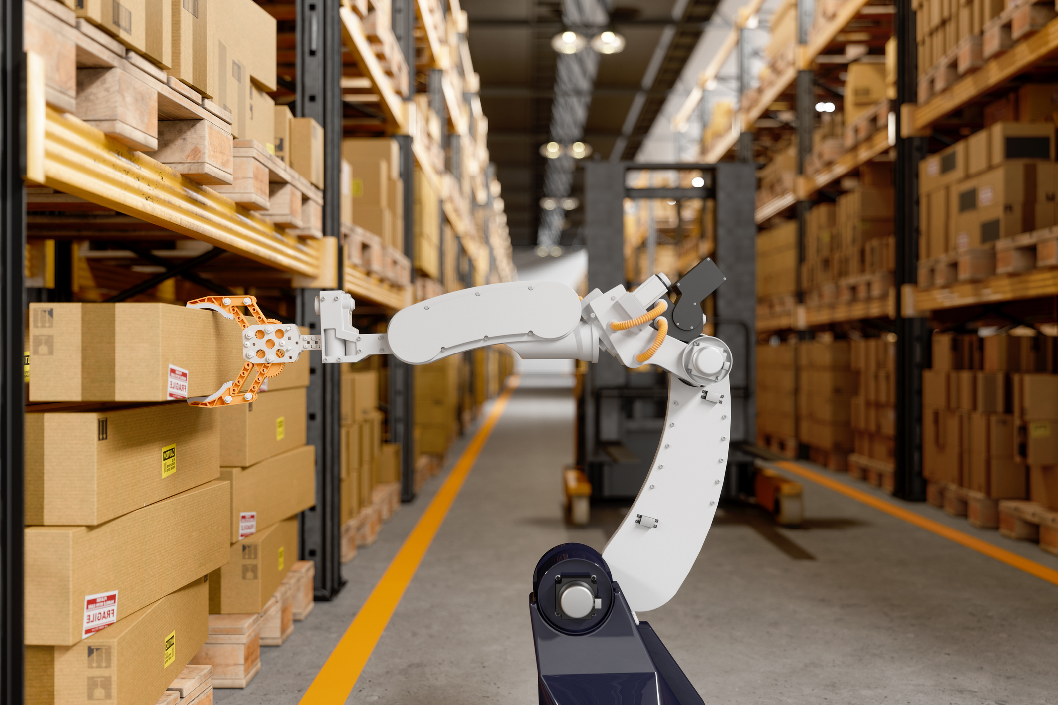 Robot Arm Taking A Cardboard Box In The Warehouse