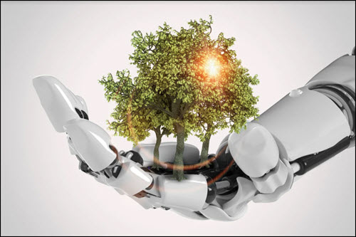 Robotic cyborg hand holding tree