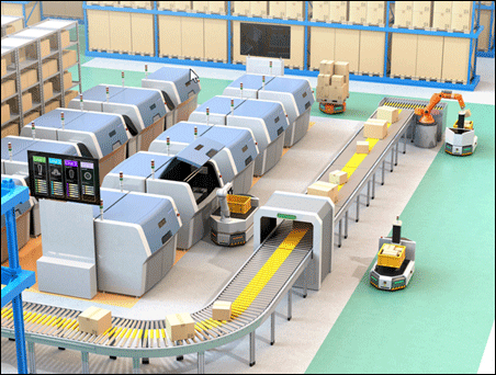 autonomous robots movie items from conveyor belts on factory floor