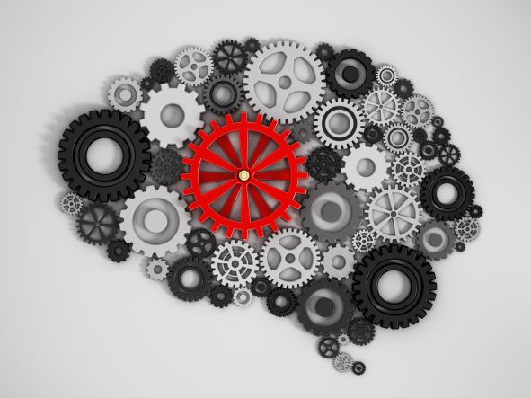 Gears forming a human brain together with one red big central cog