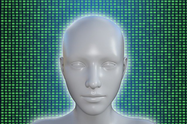 white android in front of a binary code background robotics