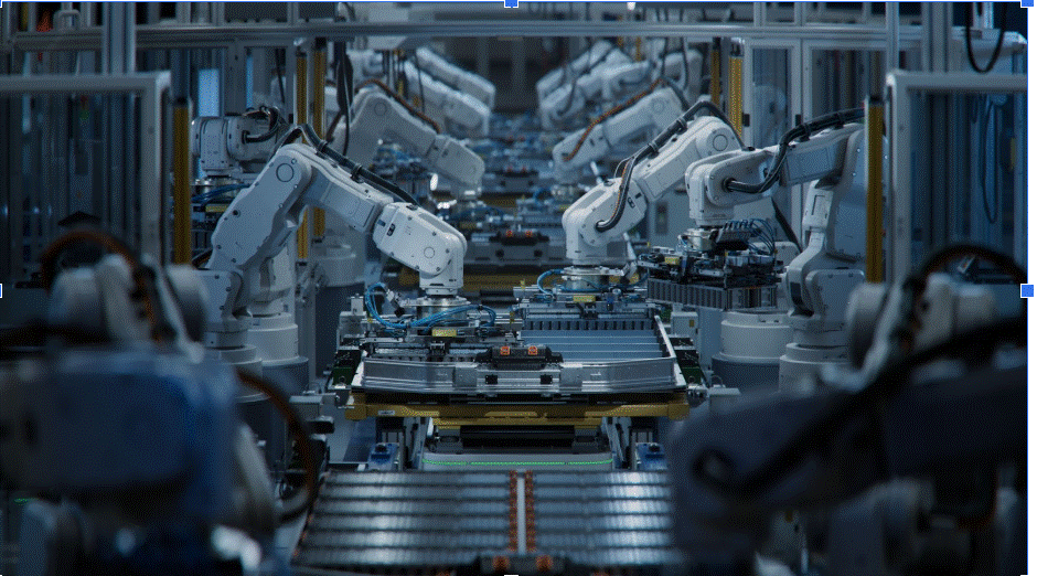 Industrial Robotic Arms at Automated Production Line at Factory